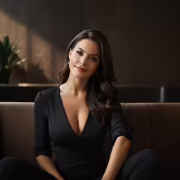 an attractive woman sitting on a couch in front of a plant