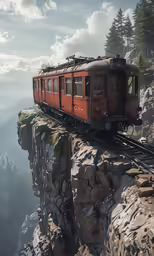 the train is carrying many passengers across the cliffs