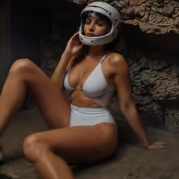 a sexy woman in a white swimsuit sitting on a ground