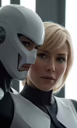 a woman wearing a helmet next to a man with the moon behind her