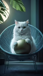 a white cat sits in a green chair and holds on to an ornament
