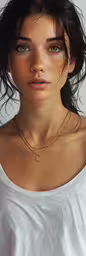 a girl is looking into the camera while wearing a white shirt,a 3d digital painting of a model in white