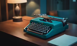 the blue typewriter is next to a lamp on the desk