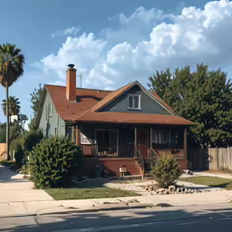 a brown and blue home sitting on the side of a road