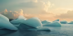 some icebergs in the water during a cloudy day