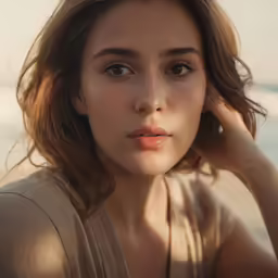 a woman with medium brown hair sitting on the beach