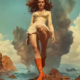 a woman with red hair is walking on some rocks