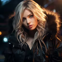 a young blond woman with long, straight hair wearing a black jacket,a beautiful blonde woman with long hair wearing a black jacket