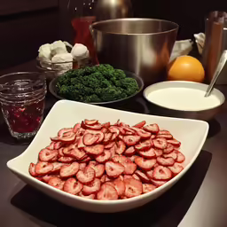 a large white bowl filled with strawberry slices next to various ingredients