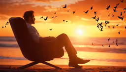 the man is sitting on the beach watching the birds,a man sitting on a chair on the beach with many bats flying around
