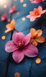 a group of flowers are sitting on a blue piece of furniture
