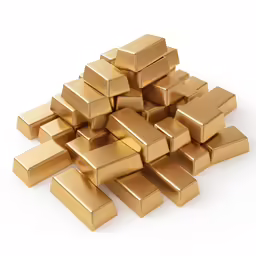 many gold bars are stacked in neat piles