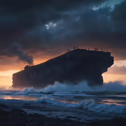 a giant rock formation near the beach during a storm