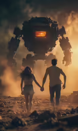 a couple walking towards an elaborate device in a field