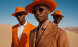 two male in orange jackets and a man in a white shirt wearing a brown hat