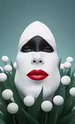 a woman with black and white makeup standing in front of a bunch of flowers