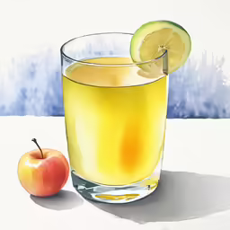 a glass with liquid and a slice of lemon on the table