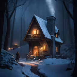 a man walks near a cabin in a snowy area