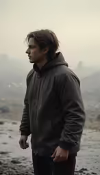 a man in black jacket looking into the distance