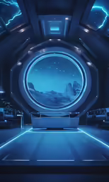 a futuristic room with a large space and a couch