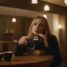 a young woman holding up a camera taking a photo of herself