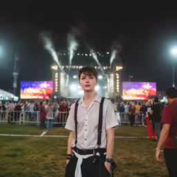 a young man in suspenders at night wearing suspenders and a button down shirt