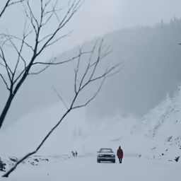 a snow covered road with a car and person walking near it