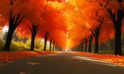 an open paved road surrounded by trees in autumn