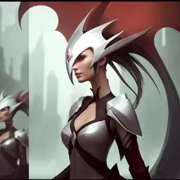 two images show the head and shoulders of a woman in white armor