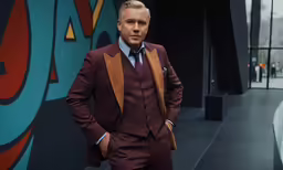 a man is wearing a purple suit and white shirt