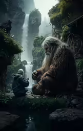 a man and a boy in front of a waterfall, sitting on rocks