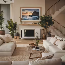 a living room with a sofa, chair, and rug