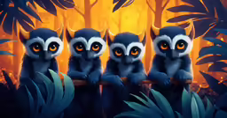 three small animals with big orange eyes stand on the branch in front of a fire forest