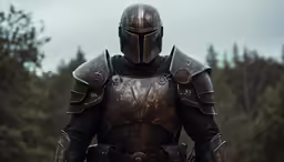 the man is wearing armor and standing in front of trees