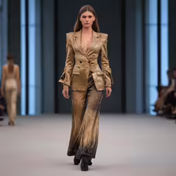 a model wearing a suit with high slits