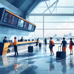 people standing near a long counter at an airport