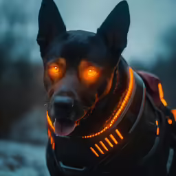 a dog dressed up with an orange light under his eyes