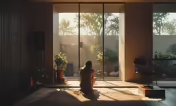 the woman is sitting on the floor next to the glass door