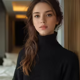 a young woman is posing with her hair blowing back