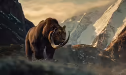 a brown animal with huge horns on top of a mountain