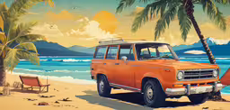 an orange station wagon van parked on the beach,an orange car parked on the beach under palm trees