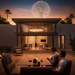 an evening time view of a house and two people sitting outside