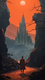 man walking down path towards an elaborate castle at sunset
