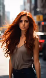a young woman with red hair is walking down the street