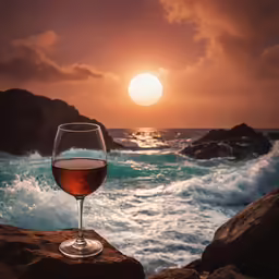 a glass of wine on a rock over looking the ocean