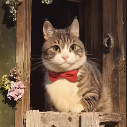 cat with red bow tie sitting on a wooden bench