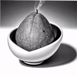 a pear is sitting in a white bowl