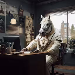 a horse that has a suit on is sitting at a desk