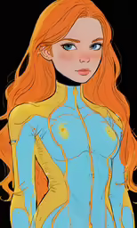 a woman with long orange hair is drawn in colored chalks
