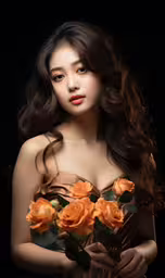 the woman is holding some flowers on her shoulder,a woman in a brown dress with some flowers